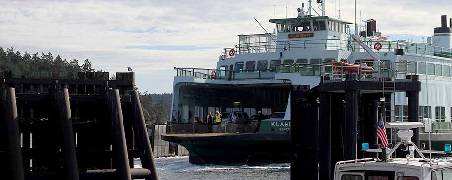 Washington State Ferry approaching the dock at Orcas Landing.